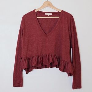 Urban Outfitters Truly Madly Deeply Maroon Ruffle Long Sleeve Cropped Top